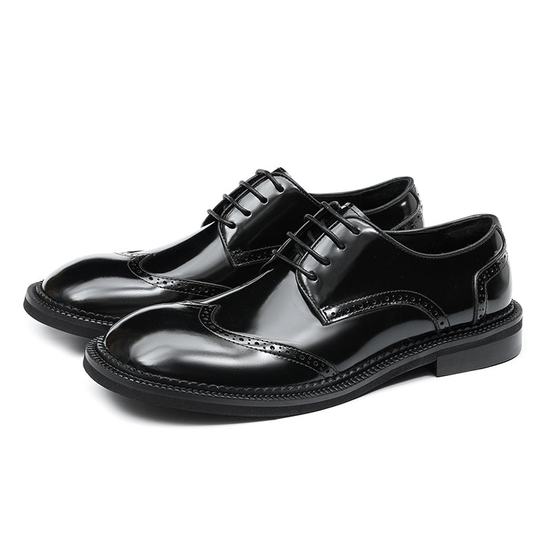 Calfskin Derby Shoes for Men Glossy Brogue Round Toe