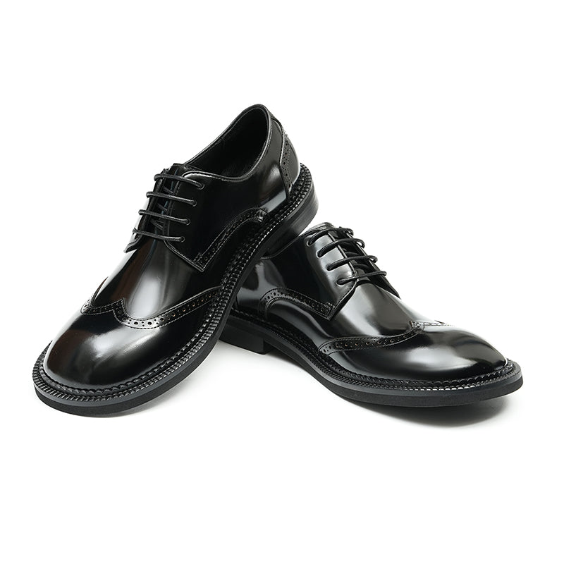 Calfskin Derby Shoes for Men Glossy Brogue Round Toe