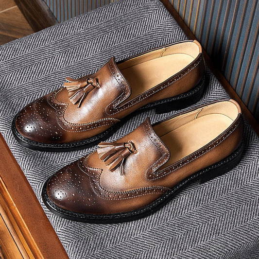 Calf Leather Tassel Loafers for Men – Brogue Design Anti-Slip Rubber Sole