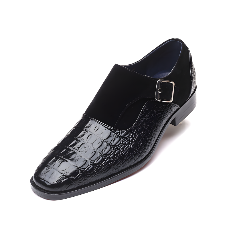 Men’s Crocodile-Embossed Leather & Suede Monk Strap Loafers with Metallic Buckle