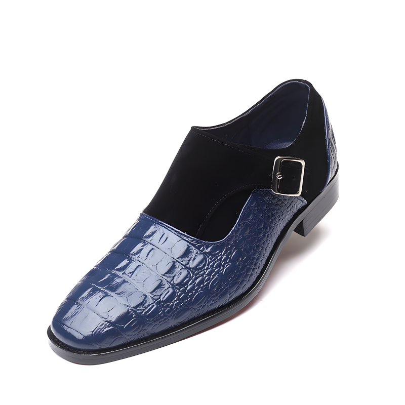 Men’s Crocodile-Embossed Leather & Suede Monk Strap Loafers with Metallic Buckle