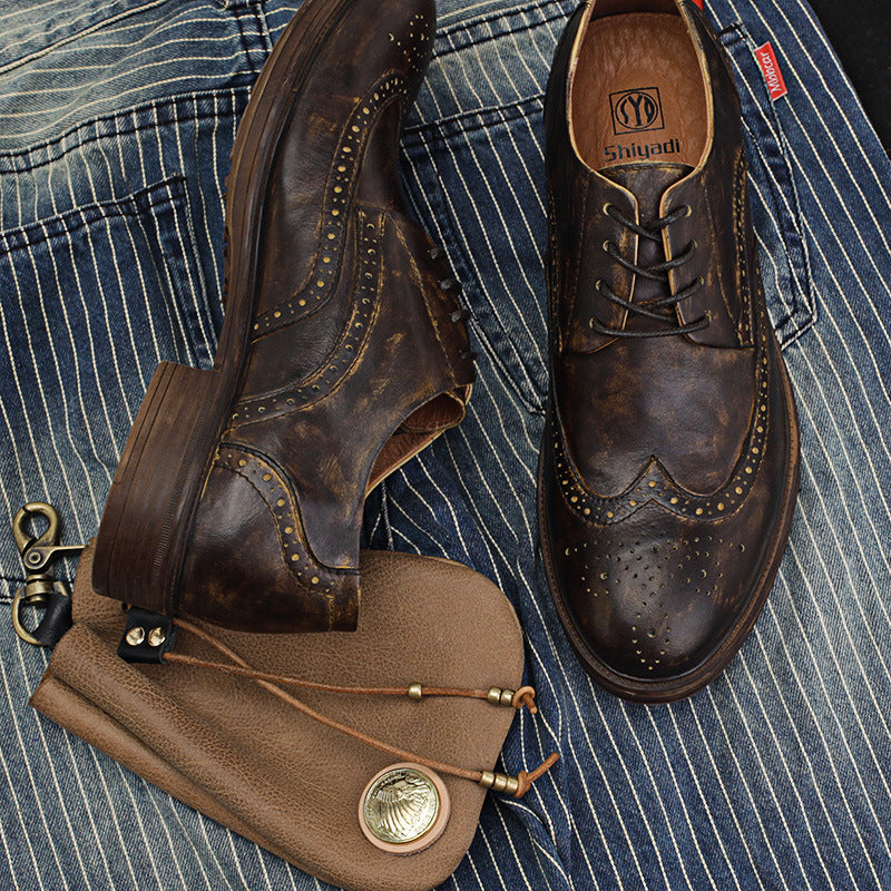 Men's Artistic Brogue Derby Shoes: Elaborate Carvings & Sophisticated Stitching