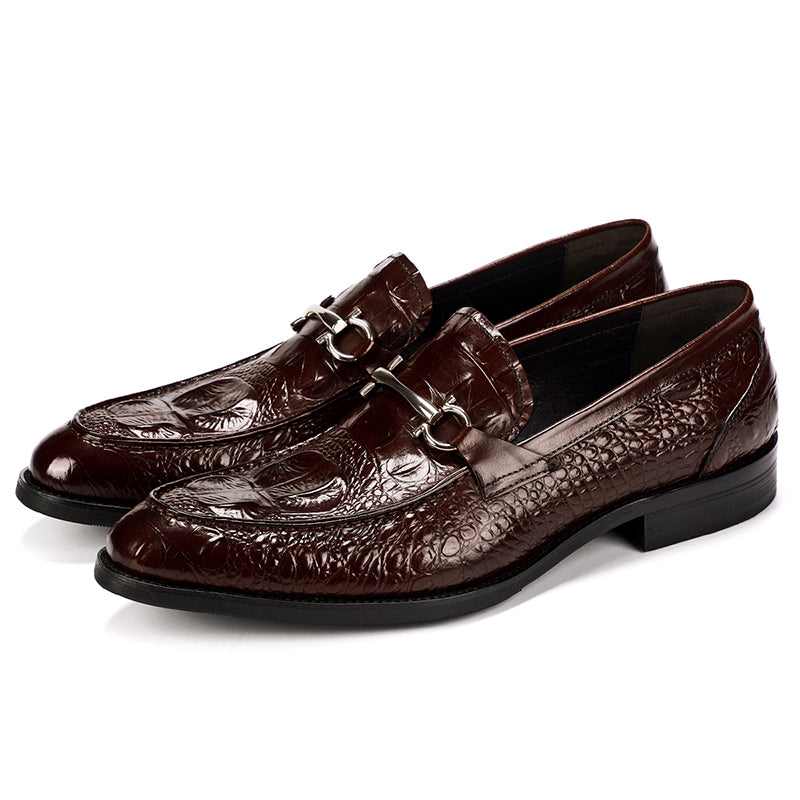 Men's Loafers Crocodile-Textured Leather Shoes with Metal Buckle