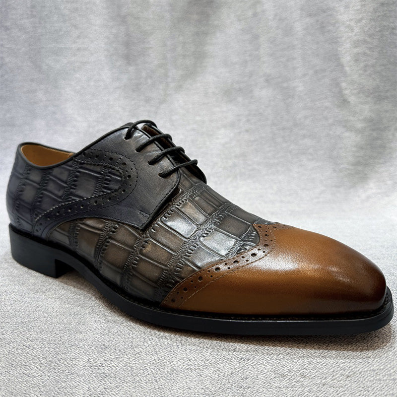 Men’s Derby Shoes Two-Tone Crocodile-Embossed Leather Lace-Up Dress Shoes