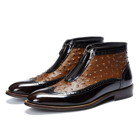 Men’s Two-Tone Ostrich Leather Zipper Boots