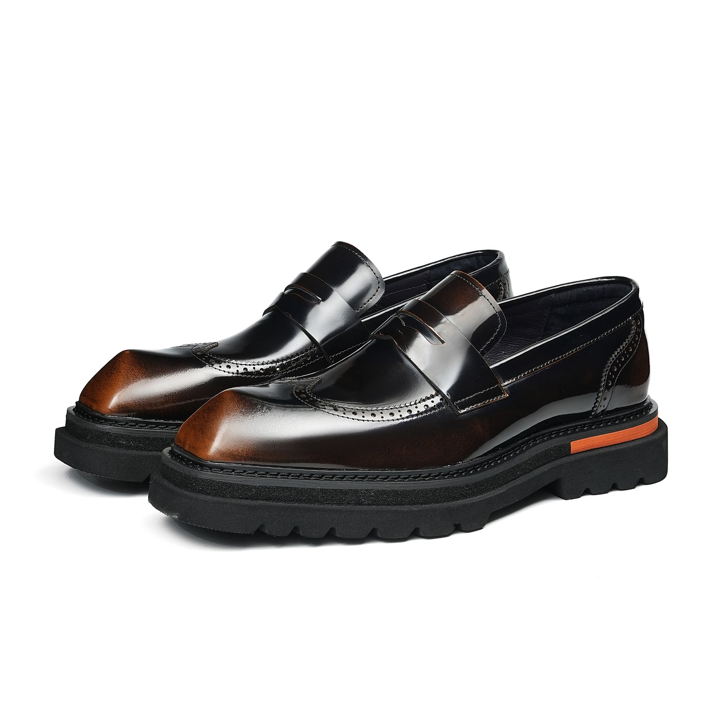 Sculptural Square-Toe Men's Loafers: Curated Brogue Accents & Substantial Sole